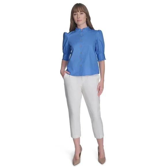 Tommy Hilfiger Puff-Sleeve Blouse Women's M Blue Ruffle Collar Button Closures - Picture 4 of 15